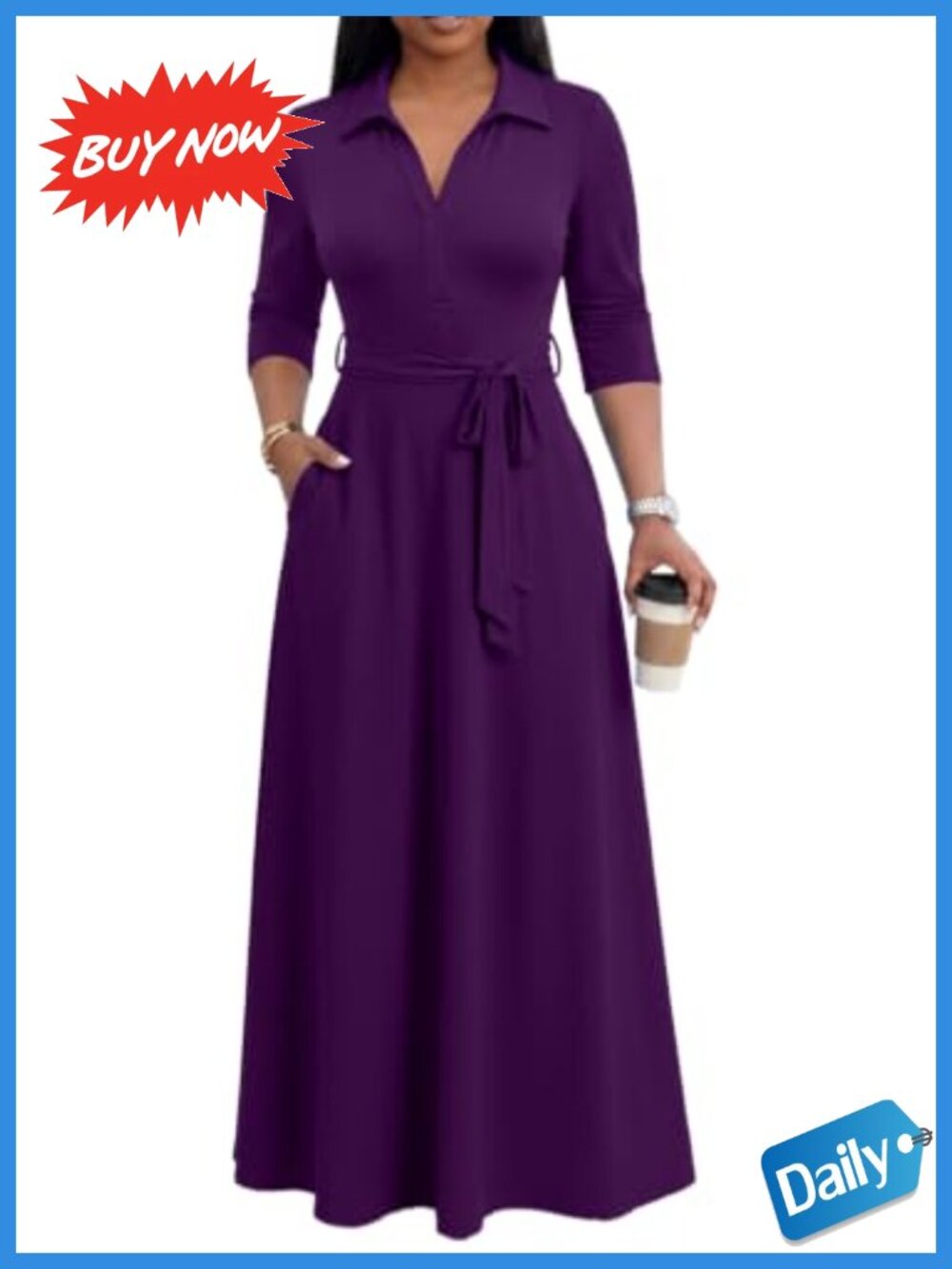 MarryUP Maxi Dress V Neck 3/4 Sleeve Long Semi Formal Church Dress Pockets